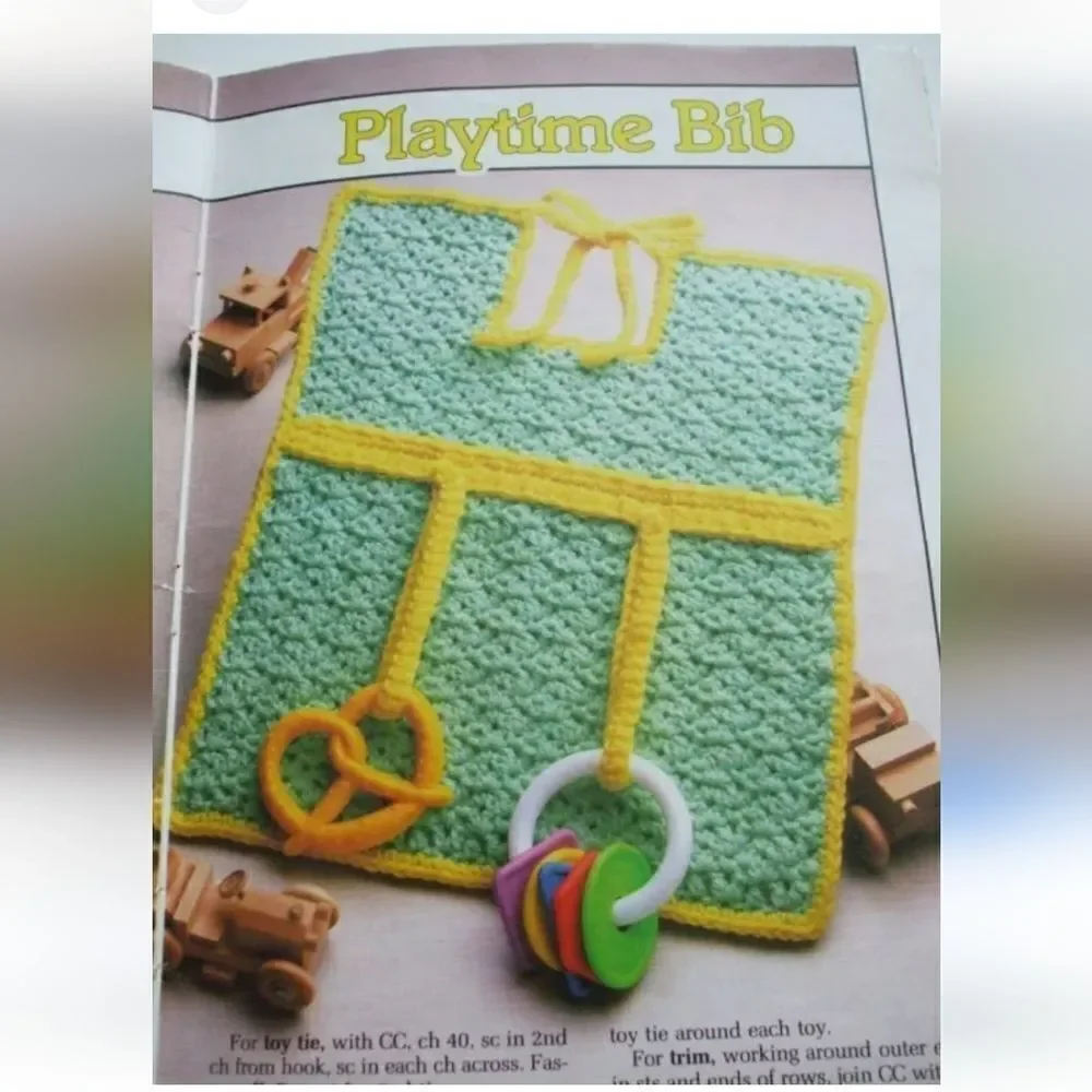 Playtime Bib Hand Crochet Pink & Mint With Toy Attachments Vintage 80s